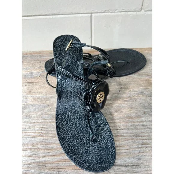 TORY BURCH Reva Logo Flower Blossom Logo Thong Wedge Sandals Breely 8 - Picture 2 of 10